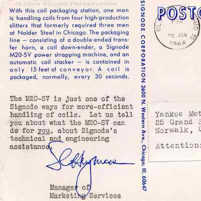 Coil Packaging Station: Back of postcard