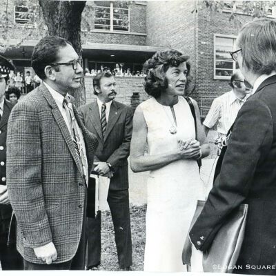 Mrs. Sargent Shriver talking outside St. Sylvesters school
