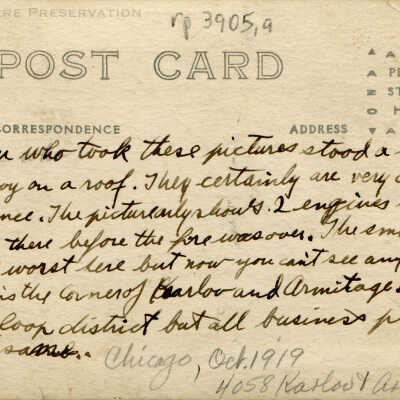 Fire at Karlov & Armitage: Back of postcard