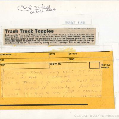 Trash Truck Topples: Back of photograph