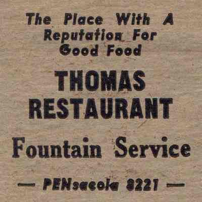 Thomas Restaurant matchbook: Inside cover of matchbook