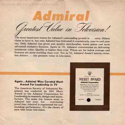 Clearest Picture! Admiral: Greatest Values in Television! brochure: Inside panel of brochure