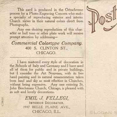 View of Auditorium – St. John Berchmans Church: Back of postcard