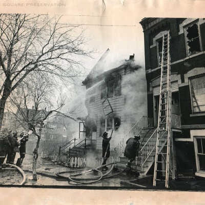 General scene of extra alarm fire Lindale [Lyndale] & Campbell