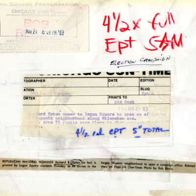 Bernard Epton comes to Logan Square to open an office: Back of photograph