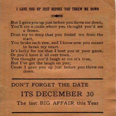 Toot Toot Tootsie Goo'Bye New Year's Dance invite card: Back of card