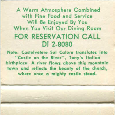 Tony's on Fullerton matchbook: Inside of matchbook cover