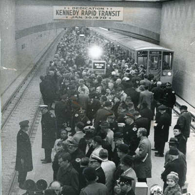 Huge crowd lines Logan Square subway station