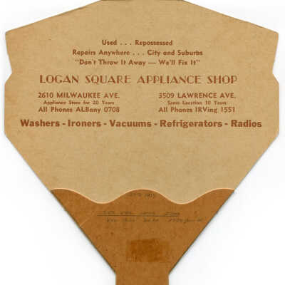 Logan Square Appliance Shop promotional fan: Reverse of fan