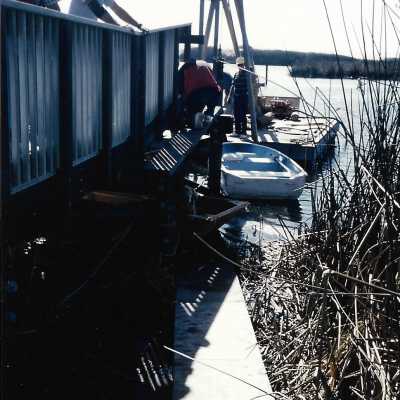 Construction of boardwalk over Oso Flaco Lake, 1994 - 3.5" x 5" color photograph