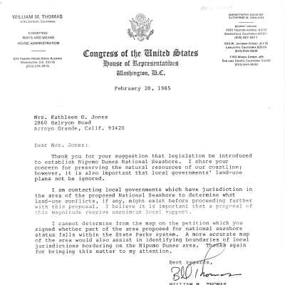 1985. Letter from William M. Thomas, - February 20