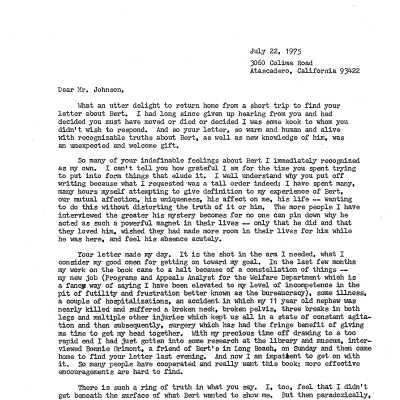 Letter to Winston Johnson asking for information about Bert Schievink