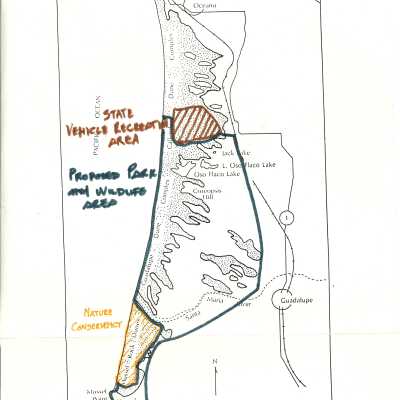 Map showing the sections of the Nipomo Dunes, delineates the proposed park and wildlife area, the state vehicle recreation area, and the land owned by the nature conservancy
