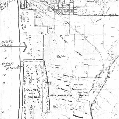 Map of lands north of Guadalupe to Oceano. Divided sections of Union Oil parcels, PG&E parcels, county with inholdings, single ownership lands, and the State Beach Park