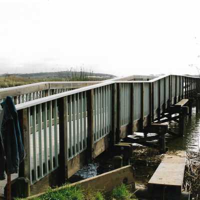 Construction of boardwalk over Oso Flaco Lake, 1994 - 4" x 6" color photograph