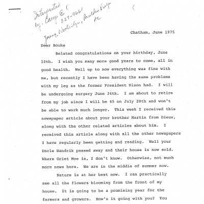 Translated letter to Bert Schievink from a family