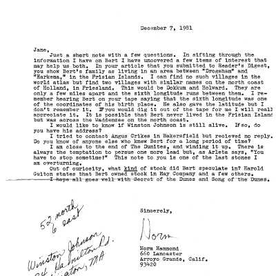 Letter from Norm Hammond to Jane Elsdon