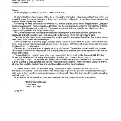 Email from Jack Beigle to Oonagh Duggan on Saturday, October 2001 20:10:32 EDT, Story in memory of Kathleen Goddard Jones after her death