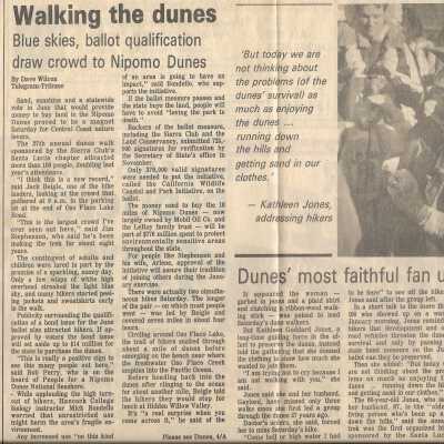 "Walking the Dunes" Article by Dave Wilcox, photo of Kathleen Goddard Jones included, Undated, San Luis Obsipo County Telegram-Tribune