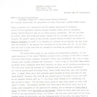 Memorandum from Kathleen Goddard-Jones to Elizabeth Scott-Graham regarding a possible opportunity for the acquisition of the Leroy Trust land in the dunes - November 10 - 1987