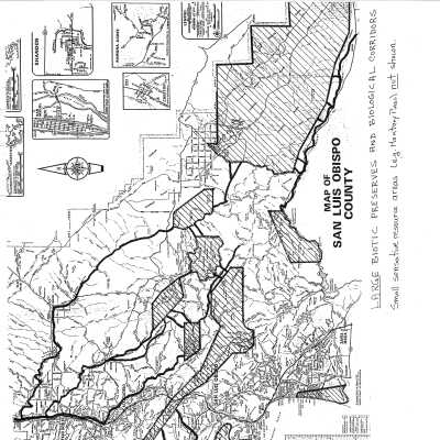 Map showing a possible set of biotic preserves and biological corridors as a part of the Alternative Open Space Element proposal