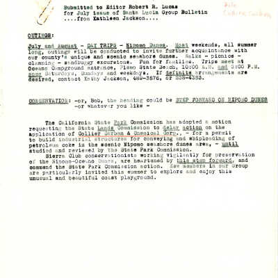 Writing submitted to editor Robert E. Lucas by Kathleen Jackson for the July issue of the Santa Lucia Group Bulletin - July 1966