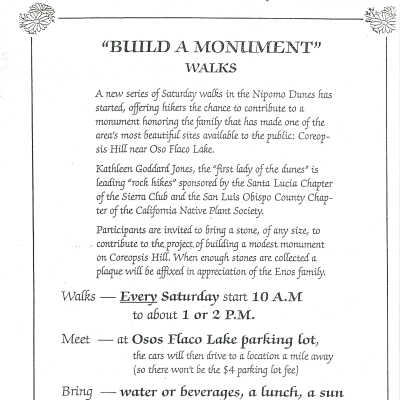 Flyer - "Build a Monument" - Walks in the Nipomo Dunes led by Kathleen Goddard Jones