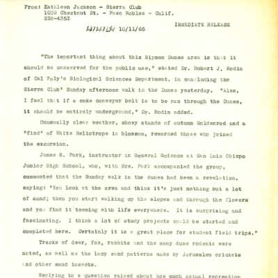 Press release from Kathleen Godd - October 11 - 1965