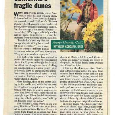 "Champion of California's fragile dunes" by Mary-Ann Bendel, Photo of Kathleen Goddard Jones included taken by Anne Hamersky, April 19, USA Weekend - 1992