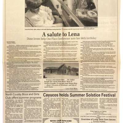 Friday, June 24, San Luis Obsipo County Telegram-Tribune - "A salute to Lena: Dune lovers help Oso Flaco landowner note her 96th birthday" Article by Dorie Bentley - 1994