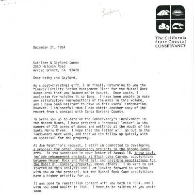 Letter from Don Coppock of the California State Coastal Conservancy to Kathleen & Gaylord Jones - December 31 - 1984