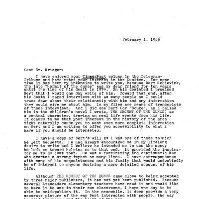 Letter to Dan Krieger asking for information about