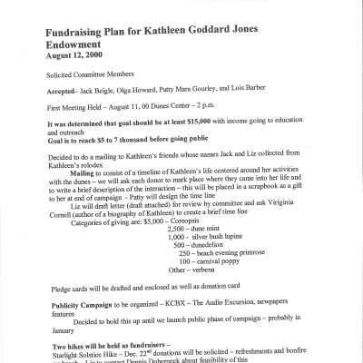 Fundraising plan for Kathleen Goddard Jones Endowment - August 12 - 2000