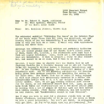 Memo from Kathleen Goddard-Jones to the publisher and editor of the Santa Maria Times clarifying the Sierra Club's stance on industrial zoning in the dunes - June 22 - 1965