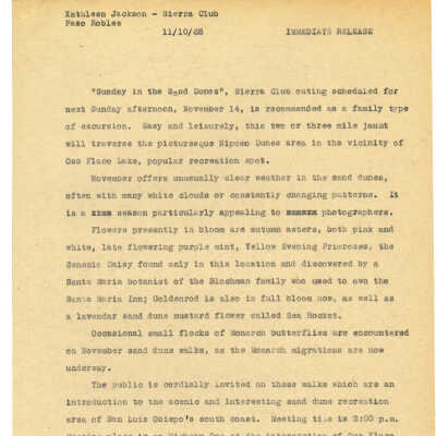 Press release from Kathleen God - November 10 - 1965