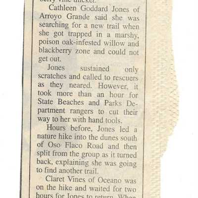 "Dunes hiker found in thicket" Undated newspaper clipping about Kathleen Goddard Jones getting trapped in poison oak