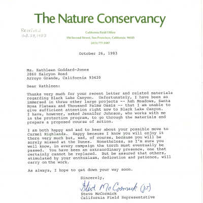 Letter from Steve McCormick of the Nature Conservancy to Kathleen Goddard-Jones - October 26 - 1983
