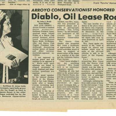 "Arroyo Conservationist Honored: Diablo, Oil Lease Roast" - Nipomo's Adobe Press article - March 28 - 1980