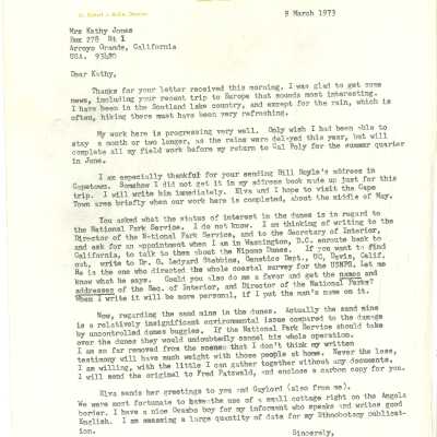 Letter from Robert J. Rodin to Kathleen Goddard-Jones regarding personal news and issues of dunes management and environmental threats to the dunes, including sand mining - March 9 - 1973