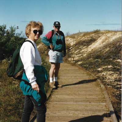 Wooden walkway and landscape of Dunes at Oso Flaco Lake, in photo album - Undated 3.5" x 5" color photograph