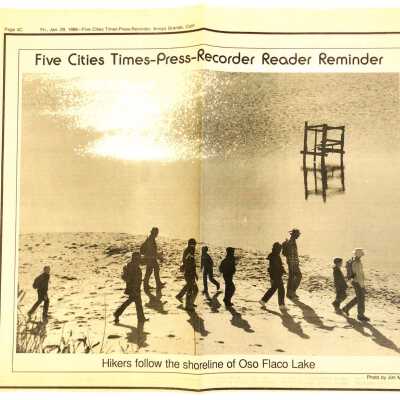 Photo taken by Jim Miner showing "Hikers follow the Shoreline of Oso Flaco Lake"Friday, January 29, Five Cities Times-Press-Recorder, Arroyo Grande, CA - 1988