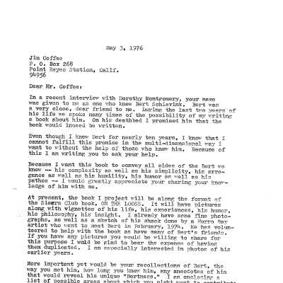 Letter to Jim Coffee asking for information about
