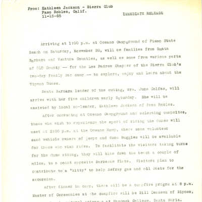 Press Release about upcoming outings in the dunes - November 15 - 1965