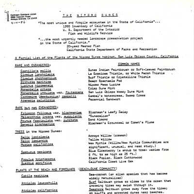 Partial List of plants and animals of the Nipomo Dunes Habitat by Kathleen Goddard Jones.