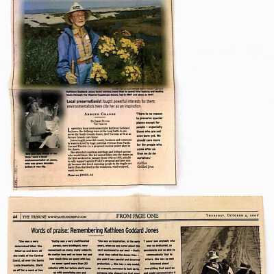 Artcile in memory of Kathleen Goddard Jones, "Dunes lose a most loyal defender" Article by Jerry Bunin, Thursday, October 4 - 2001 San Luis Obsipo County The Tribune