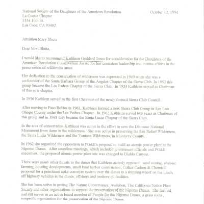 Letter recommending Kathleen Goddard-Jones be considered for the Daughters of the American Revolution Conservation Award October 12 - 1994
