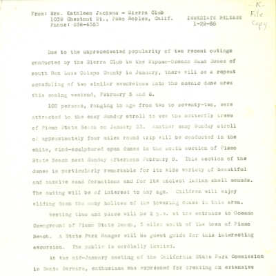 Press Release about upcoming Sierra Club outings in the dunes - January 29 - 1966