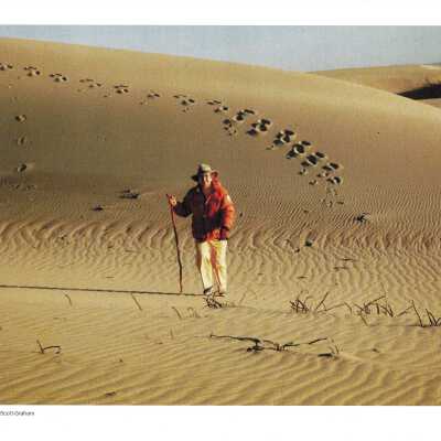 Kathleen Goddard Jones in the Dunes among burned logs - Undated 8" x 12" color photograph