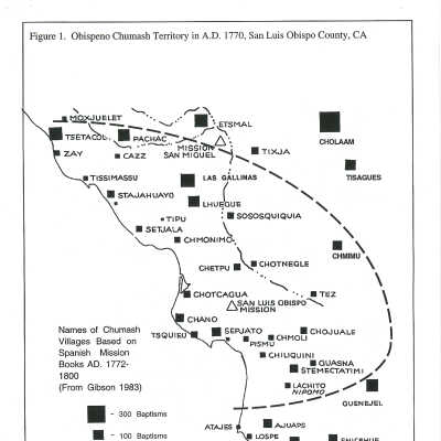 Map showing social network of Chumash village of Ajuaps (Guadalupe Lake), Chart showing comparison of Chumash cultural sequences, Diagrams showing general patterns of shell and flake areas in Chumash sites in SLO County - Series of figures: Map showing Obispeno Chumash Territory in 1770