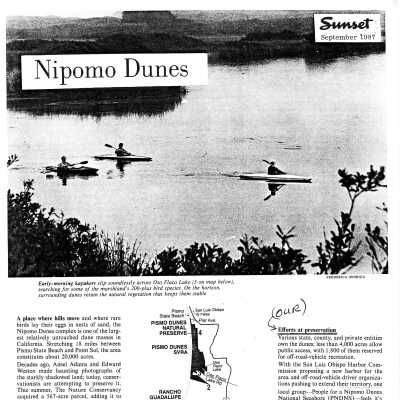 Copy of article from Sunset Magazine September 1987. Contains information on the Nipomo Dunes and discusses efforts of preservation as well as different ecological sites. Annotated by Kathleen Goddard Jones.